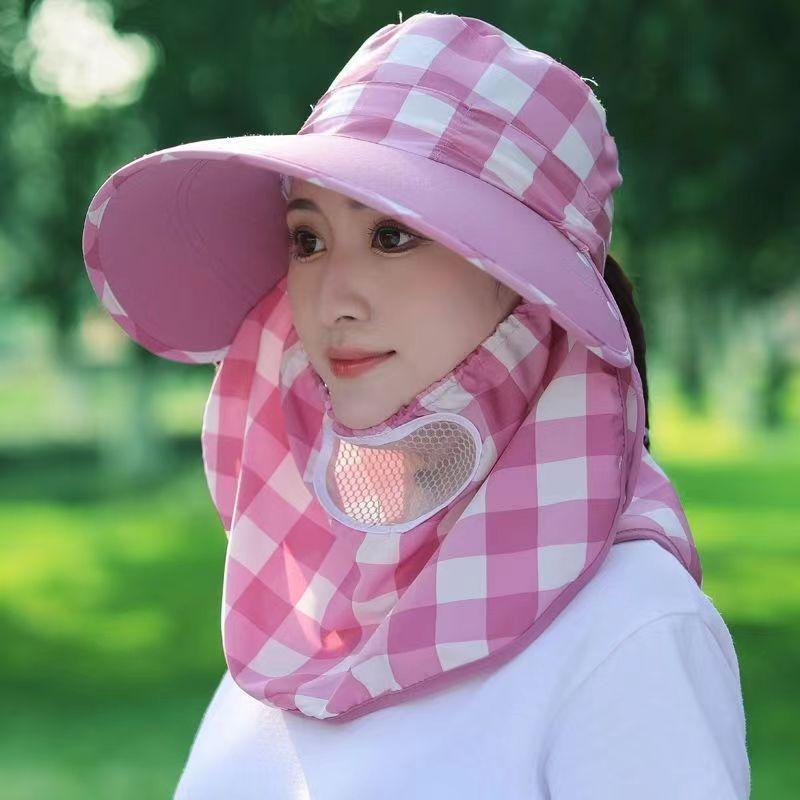 Summer farm work sunscreen cap ultraviolet big brim face mask underground cycling women's plaid sun hat