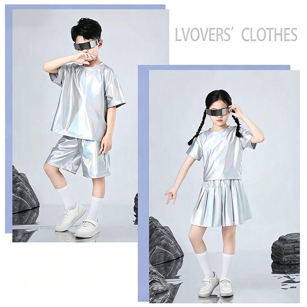 Silver Jazz Dance Costume Runway Street Dance Costume Fashion Children Hip-hop Set Boys Girls