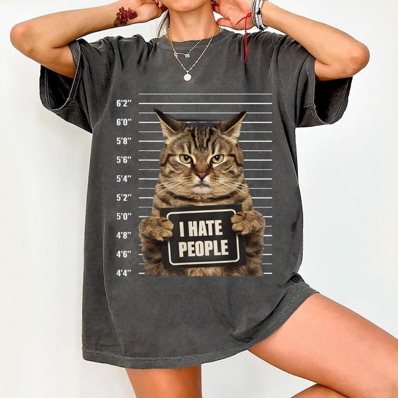 

Novelty Funny Arrested Criminal Cat Mug Shot I Hate People Cat Lover Tshirt Women Unisexs Tee Casual Oversized Loose Unisex Tops S