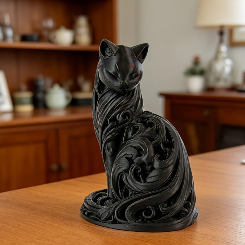 1-teiliges Ornament in Form einer schwarzen Katze, Leichter Luxus Spiral-Katzenstatue Dekoration, Realistisches Design, Hohl geschnitzt, Elegante Sitzhaltung,