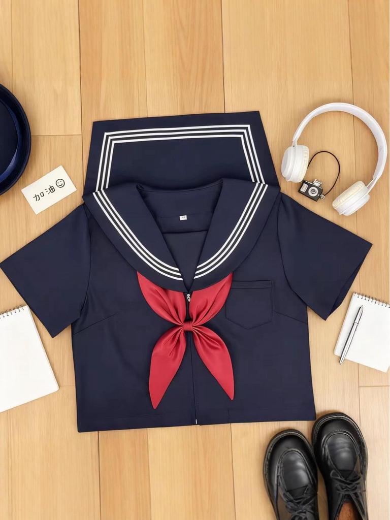 Ciemnoniebieska Japońska Spódnica Mundurkowa JK - Trzy Paski, Jednolita, Średniej Długości, Plisowana Marynarska Spódnica dla Uczniów