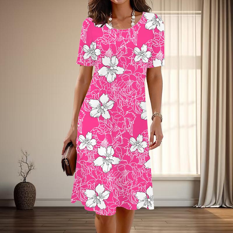Women's Fashion Graceful Flower Print Summer Spring Short Sleeve O-Neck Casual Dresses