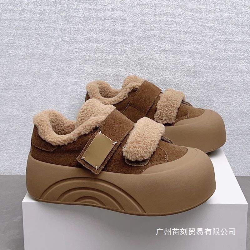 Baumwollschuhe Damen Samt Klettverschluss Jahr Dicke Sohle Schuhe Flauschige Schuhe Außen Brot Schuhe