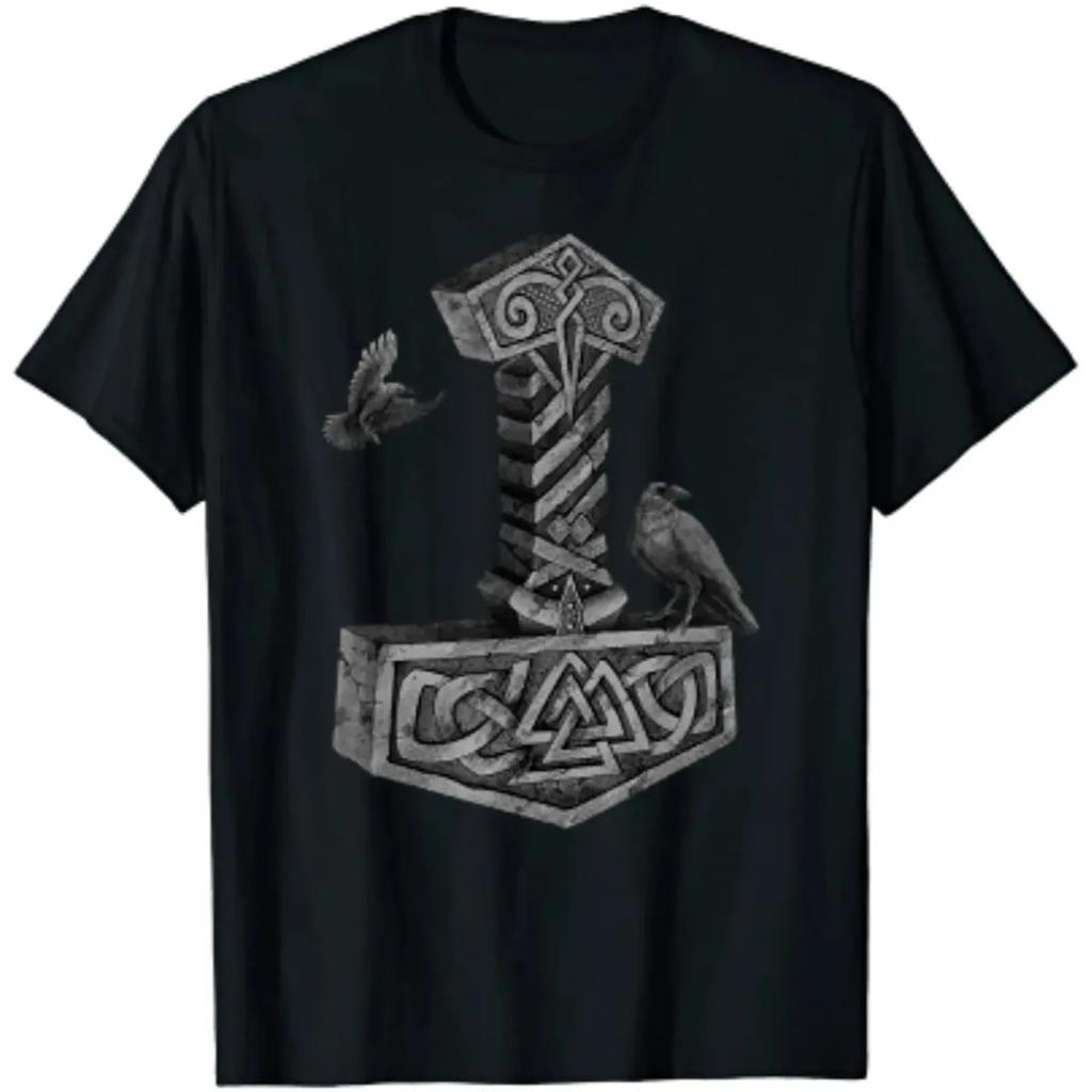 Norse Mythology Mjolnir Thor Hammer Odins Raven TShirt 100 Cotton ONeck Summer Short Sleeve Casual Mens Tshirt Size S3XL