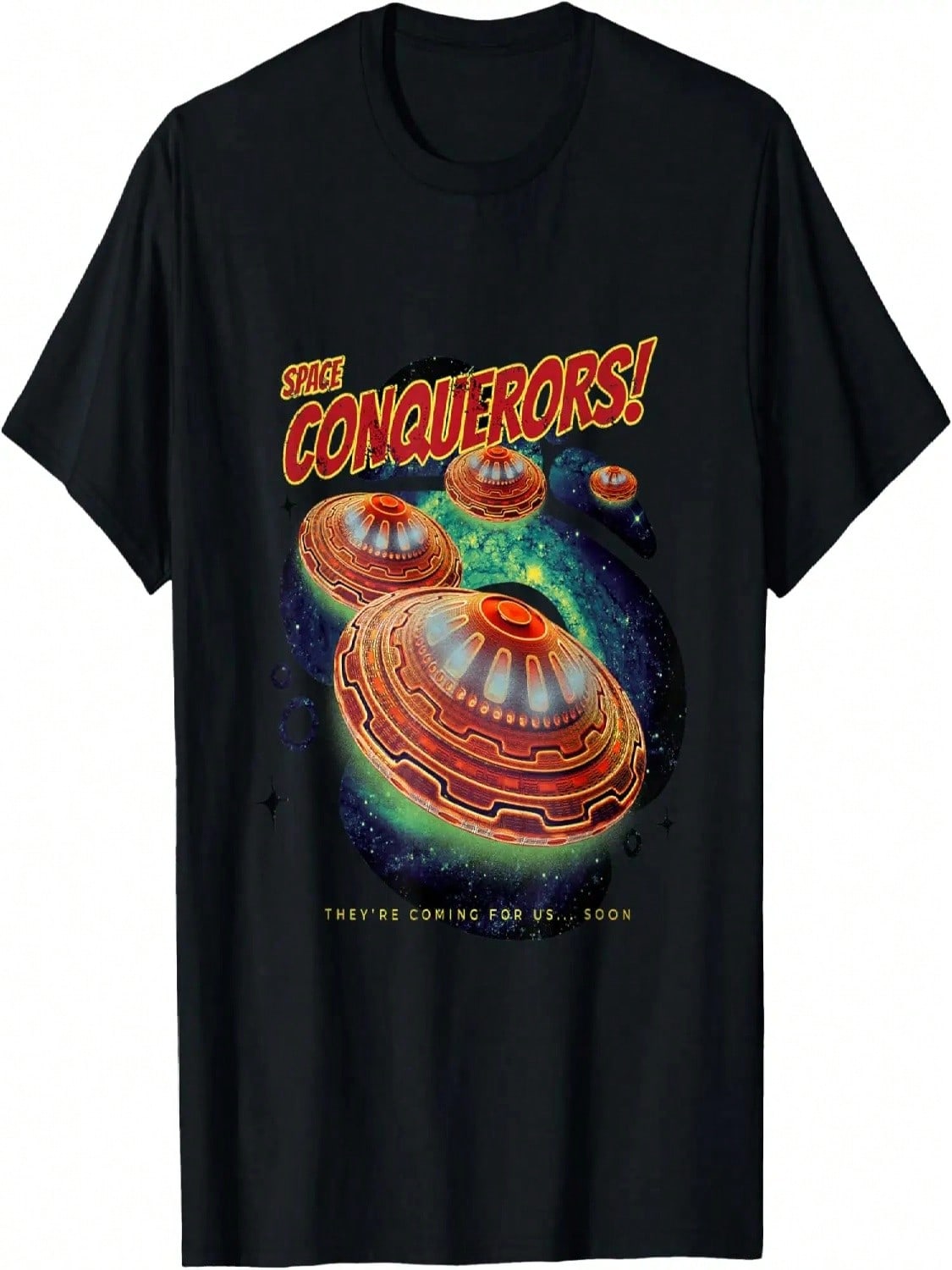 Space Conquerors 50s Retro UFO Flying Saucer Alien Graphic T-Shirt S разноцветный