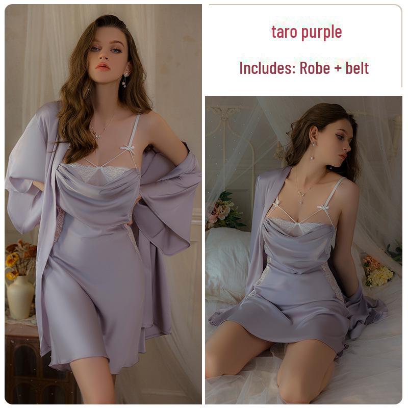 DZ Rose Satin Lace See-Through Deep V Suspender Skirt with Outer Robe Home Set