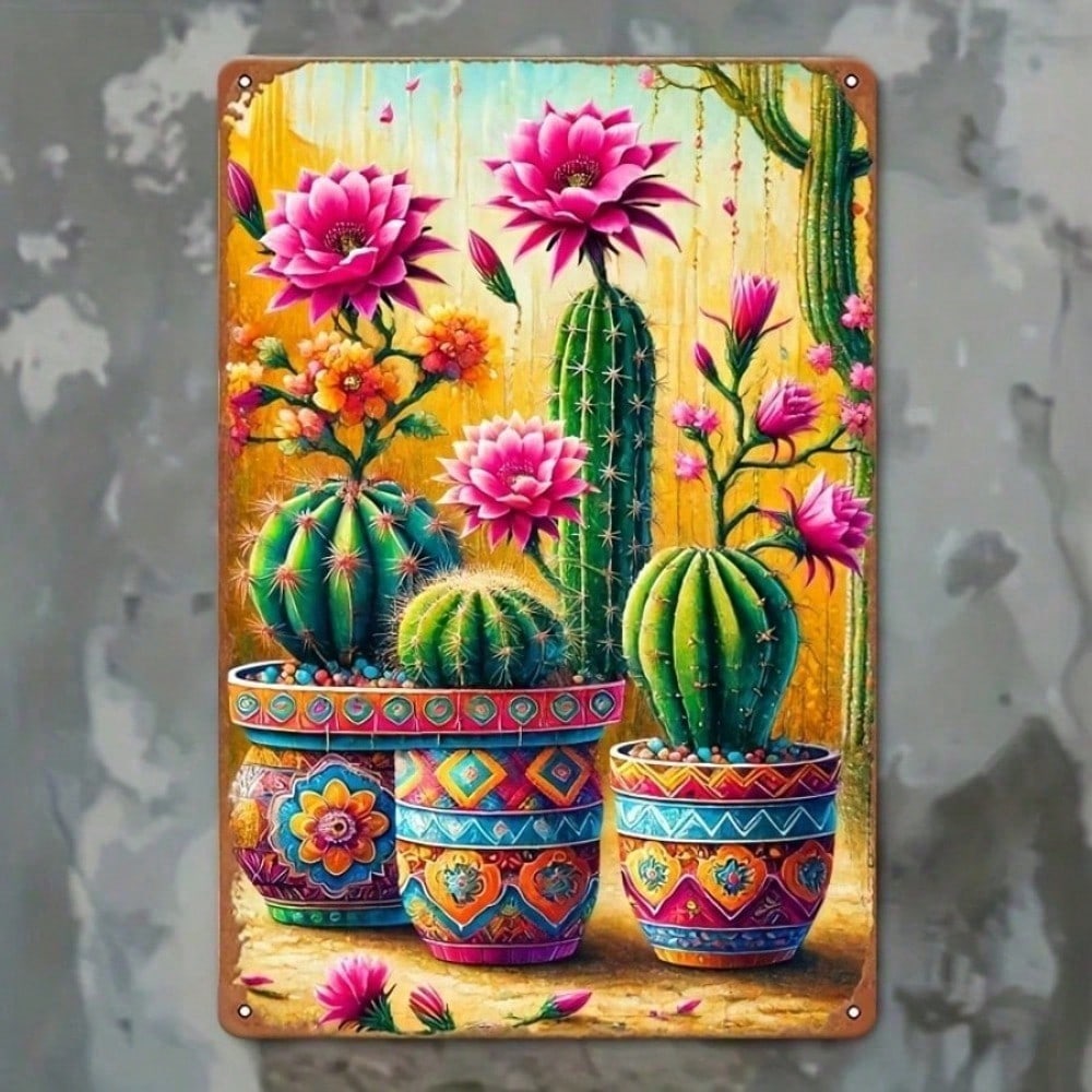 Vintage Mexican Cactus Floral Tin Metal Wall Art Plate Sign 19x30cm Easy Install Home Bedroom Office Cafe Garage Decor 20x30cm разноцветный
