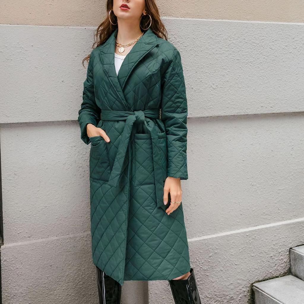 Autumn Winter Women's Notched Lapel Quilted Coat, Knee-Length Belted Waist Diamond Pattern Parka with Lightweight Warmth, Elegant Trench Style Jacket