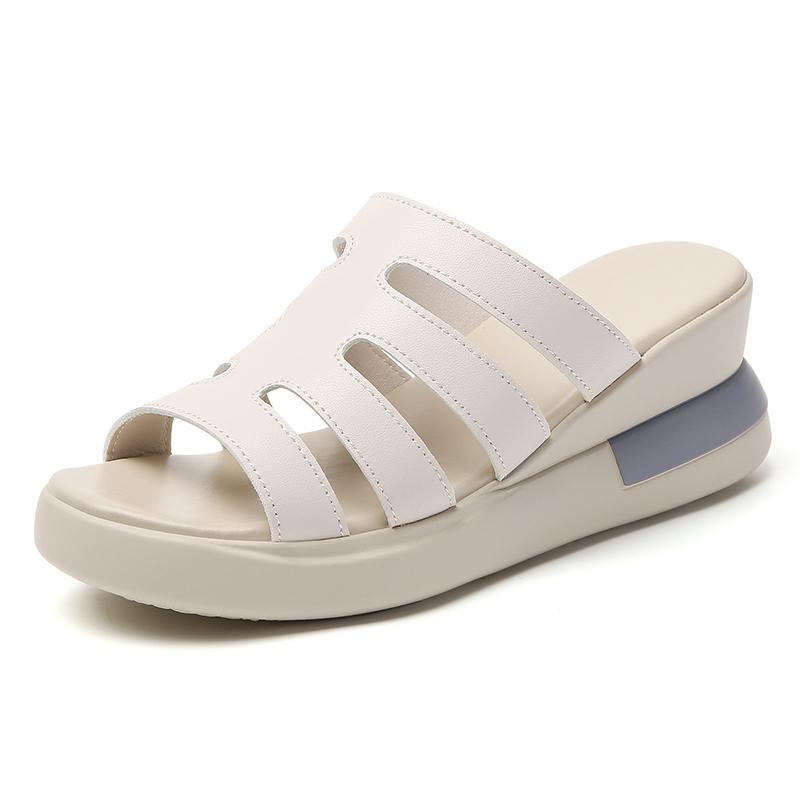 

Women Genuine Leather Wedge Heel Slide Sandals Lady Outdoor Office Roman Sandals Mother Casual Sandals Sandalias De Mujer S36-43 43 бежевий