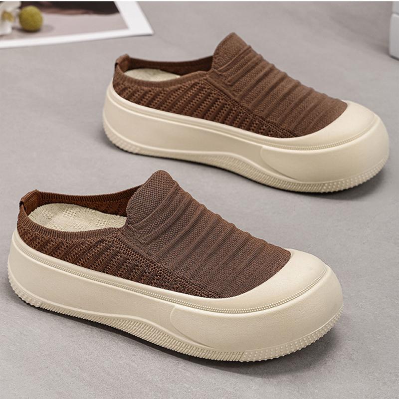 Summer Breathable Thick Soled Shoes with Toe Caps, Solid Color, Shallow Opening, Height Increasing Shoes, Simple Soft Sole, Half Support