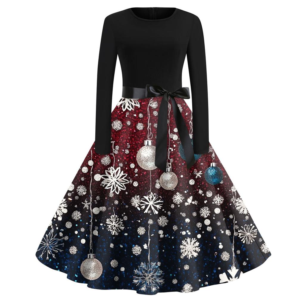 Damenmode Rundhalsausschnitt Lässig Schlank Weihnachten Bedruckte Langarmkleider