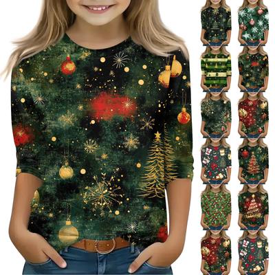 Christmas Day Print Tops For Youth Girls 5-16 Years Round Neck 3/4 Sleeves T-Shirts Trendy Tops Outfit Tees