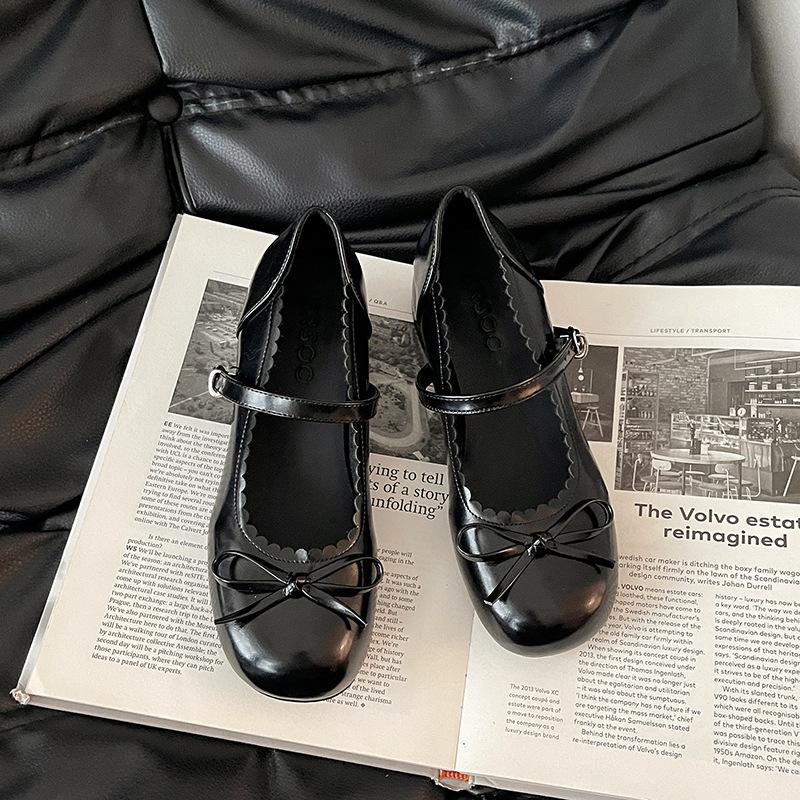 French bow thick heel Mary Jane single shoes summer one-button small leather shoes ballet women thick heel high heels