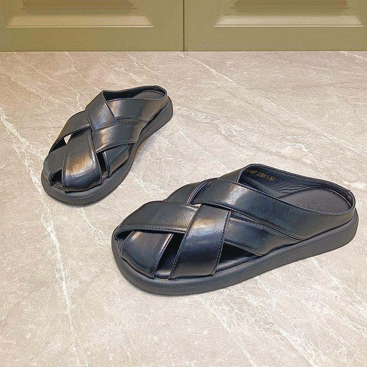 Leather Version~ Retro Bag Head Slippers Women's Summer Wear 2025 New Versatile Woven Roman Sandals Flat-bottomed Slippers