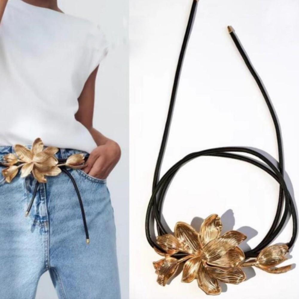 Zinc Zinc Alloy Metal Flower Waist Chain Vintage Exaggerated Belt Versatile Golden Tulip Belt  Bag Decoration