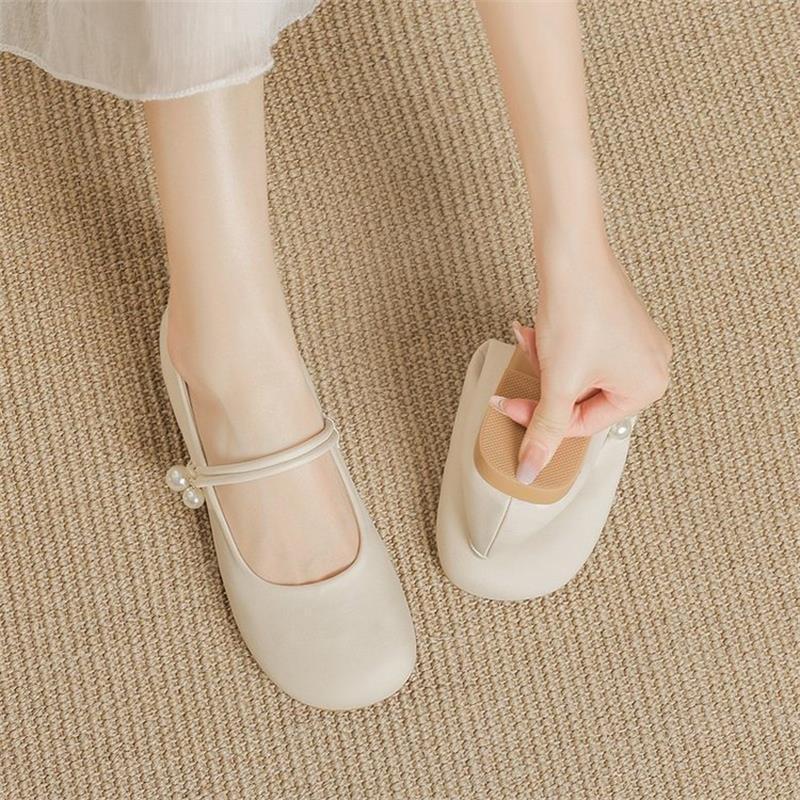 Soft Leather Mary Jane Single Shoes Women's Summer New Pearl Shallow Mouth Comfortable Gentle Wind Flat Grandma Shoes