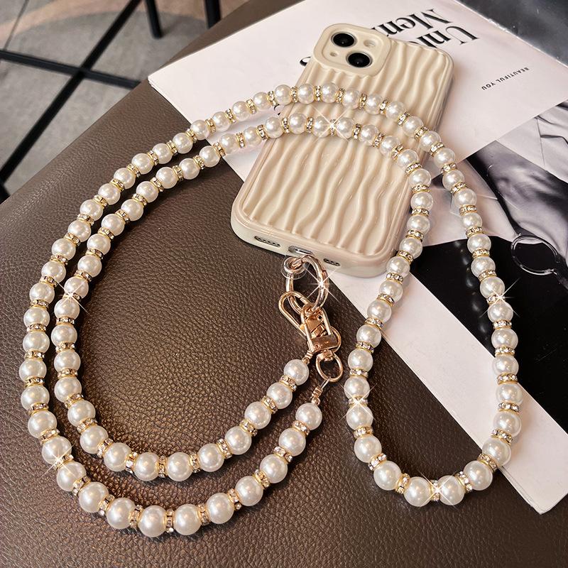 Mobile Phone Lanyard, Crossbody, Pearl Bead Chain, Light Luxury, Rhinestone Pendant, Women's Style, Handmade Bead String