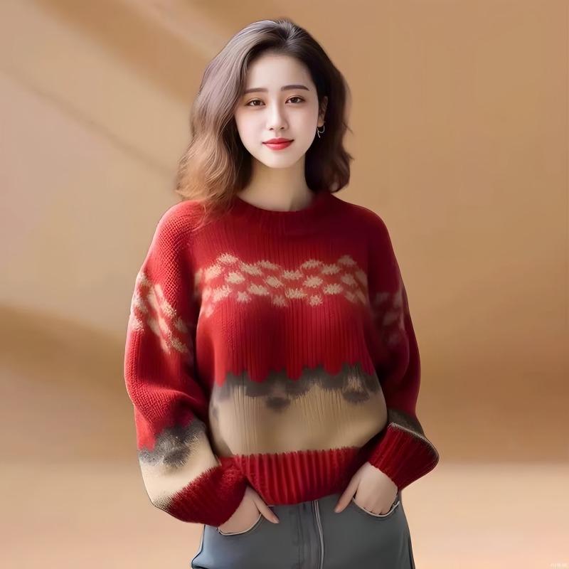 

Модные свободные свитера с принтом в стиле ретро, женские зимние новые мягкие повседневные женские вязаные свитера, элегантные облегающие женские вязаные джемперы с круглым вырезом 25471 One Size