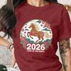 Year Of The Horse 2026 Unisex Cotton TShirt Floral Artistic Chinese Zodiac Graphic Oneck Printed Tops Ropa Mujer Women Clothes