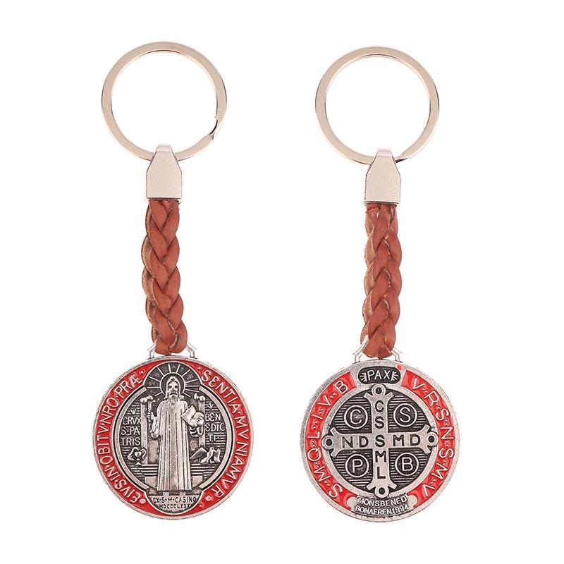 1 szt. Vintage Święty Benedykt PU Skórzany Brelok Dla Mężczyzn Kobiet Zawieszka do Torby Ozdoby Prezent Religijny