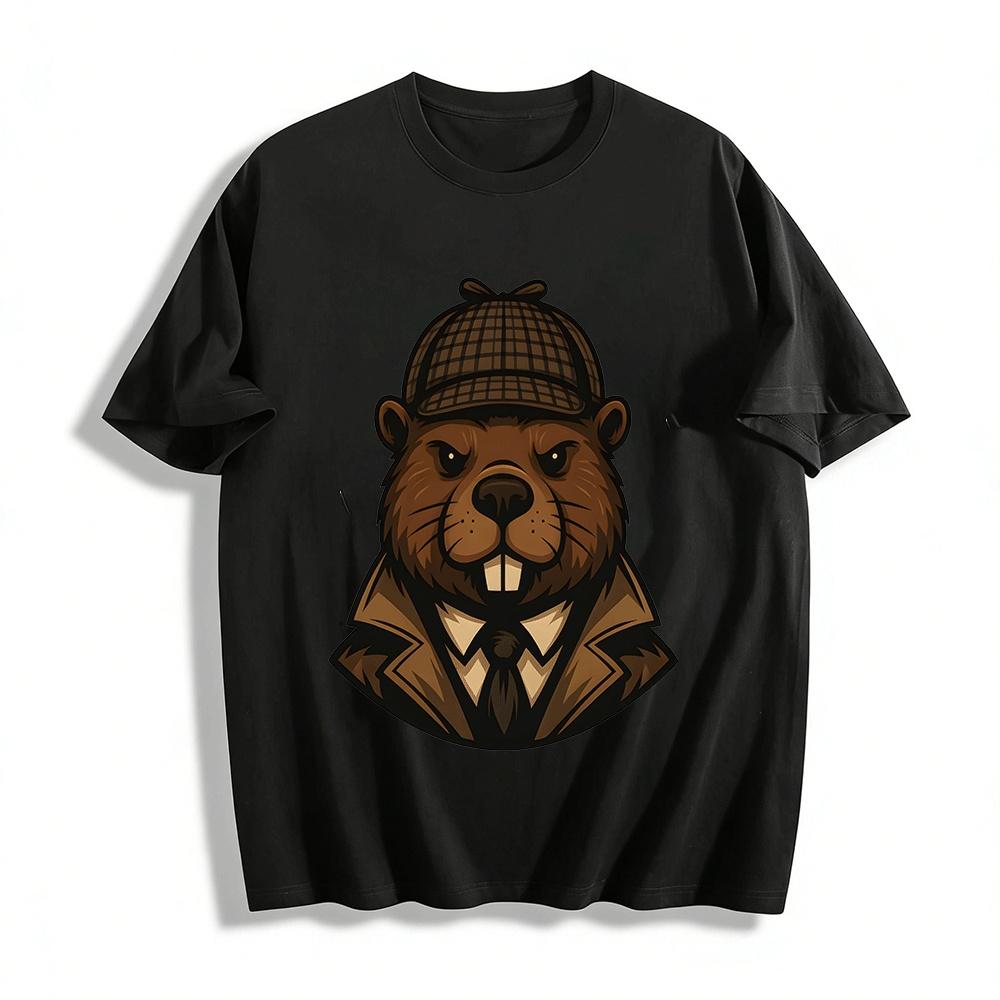 

Detective Beaver Retro Trench Coat Plaid Hat Print Casual T-Shirt Pure cotton T-shirt XXS