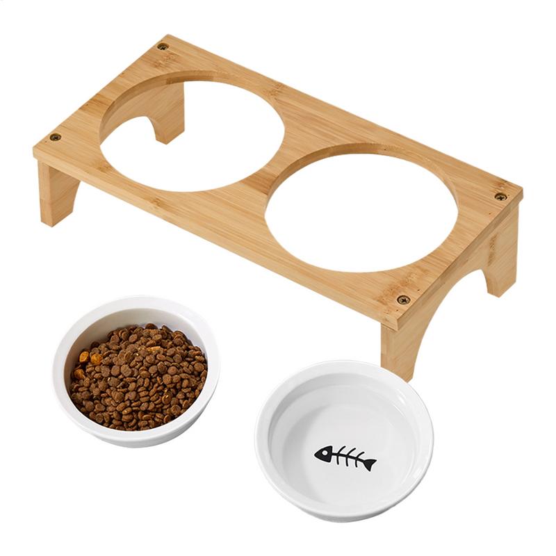 

Elevated Cat Bowls Tilted Ceramic Cat Food Bowl With Wooden Base Non-slip Whisker Friendly Feeding Station For Small Medium CHINA