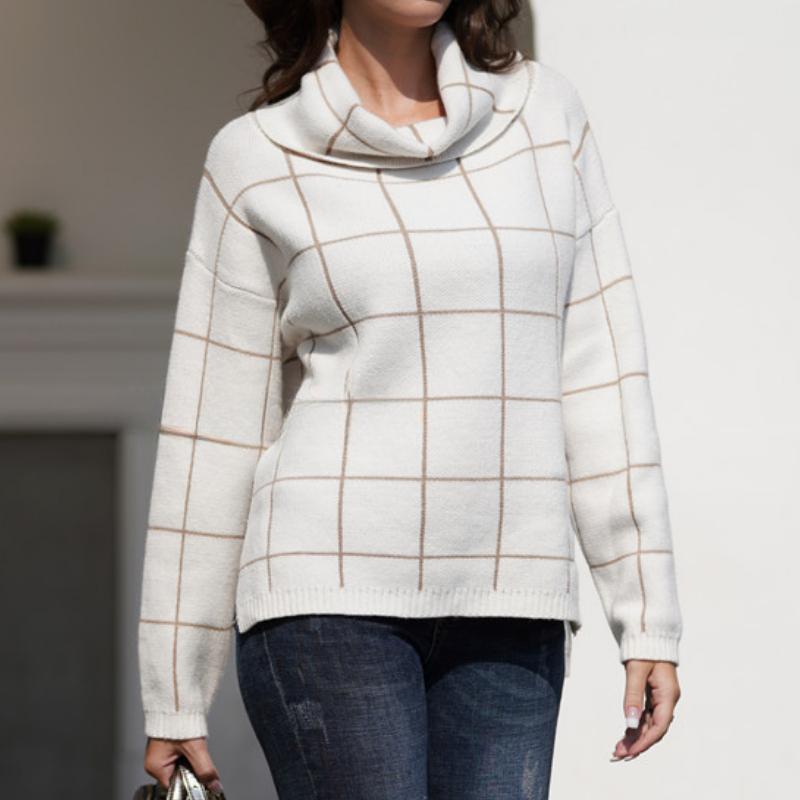 IHUASU Women's Autumn and Winter High Neck Pullover Loose Commuter Knit Sweater Plaid Fashion Jumper