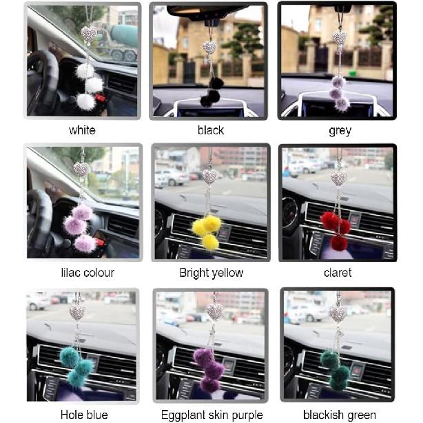 Bling Heart Rhinestones Diamond Car Accessories, Cute Love Heart Plush Ball Car Mirror Hanging Accessories Lucky Rearview Mirror Charms Decorations