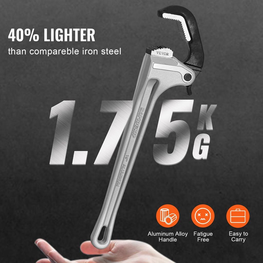 Aluminum Straight Pipe Wrench 18 in Automatic Jaw Adjustment 60CRV Jaw