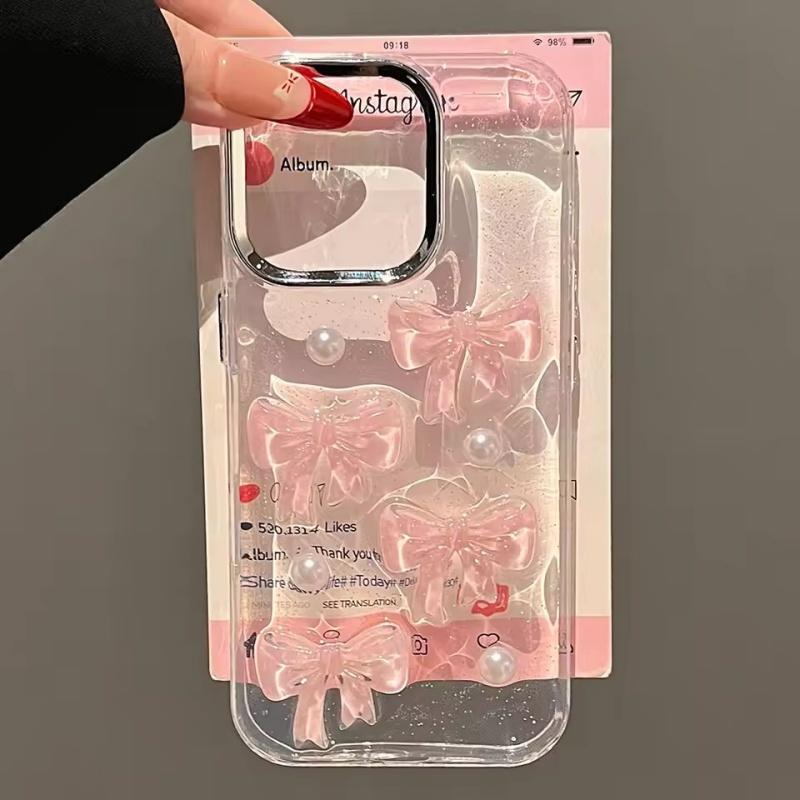 Cute 3D Pink Bowknot Pearl Glitter Phone Case For iPhone 16 15 14 13 12 11 Pro Max Plus Korean Girl Epoxy Clear Soft Back Cover