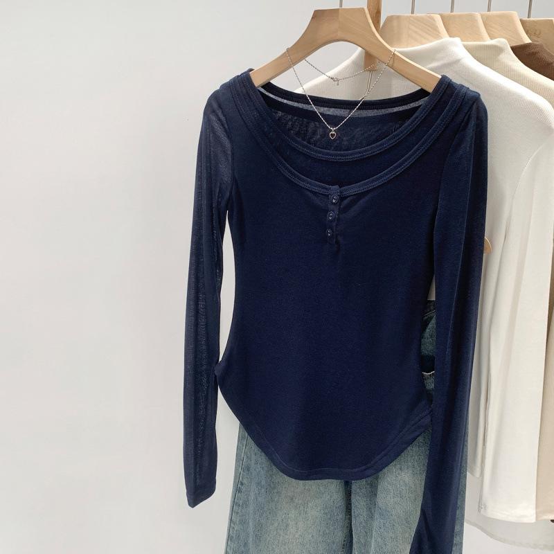 

Korean Simple Versatile U-neck Button-up Sheer Slim Fit Long Sleeve Base Layer Top S темно-синий