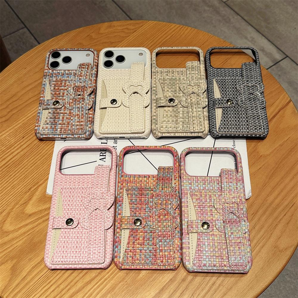 Elegant Stylish Heart Bow Wrist Strap Card Holder Phone Case for iPhone 17 Pro Max 16 15 14 13 Tweed Texture Protective Cover