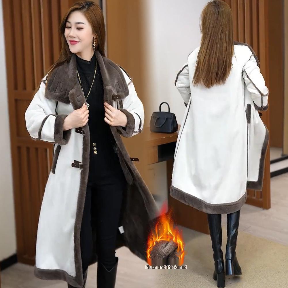 

Женская зимняя замшевая куртка оверсайз с мехом до колена на флисовой подкладке 2024 L [130-160 cm]