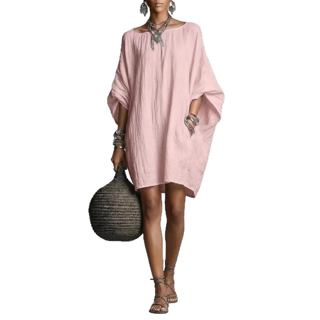 Moda Casual Estiva Maglia Pipistrello Vestito Largo Donna Scollo O Manica Tre Quarti Tasca Mini Vestito Donna Vestito per Festa Vacanze