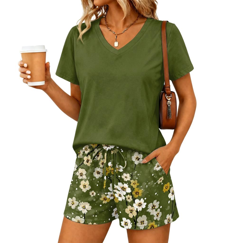 Women Two Piece Set V Neck Short Sleeve Top and Floral Print Drawstring Waist Shorts Casual Lounge Wear
