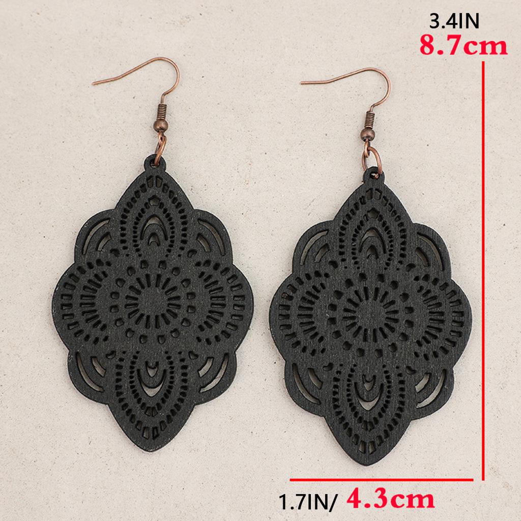 New Vintage Ethnic Style Long Wooden Earrings with Carved Patterns