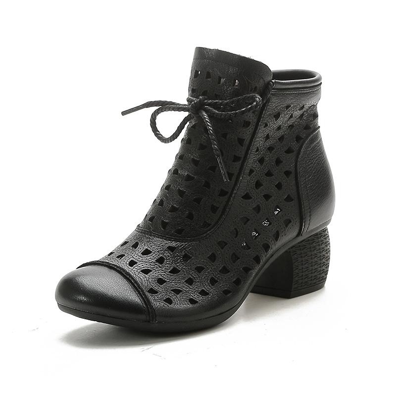 Fashion GKTINOO 2025 Summer Ankle Boots Genuine Leather Shoes Women Mid Heels Sandals Side Zip Boots Cutout Breathable Mujer Zapatos