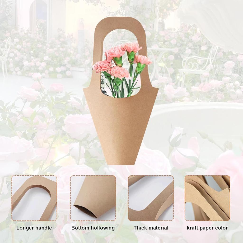 Merkaunis 50 Pcs Flower Bouquet Bags with Handle, Kraft Paper Flowers Gift Bags, Paper Brown Creative Cone Flower Sleeves, Hanging Kraft Paper