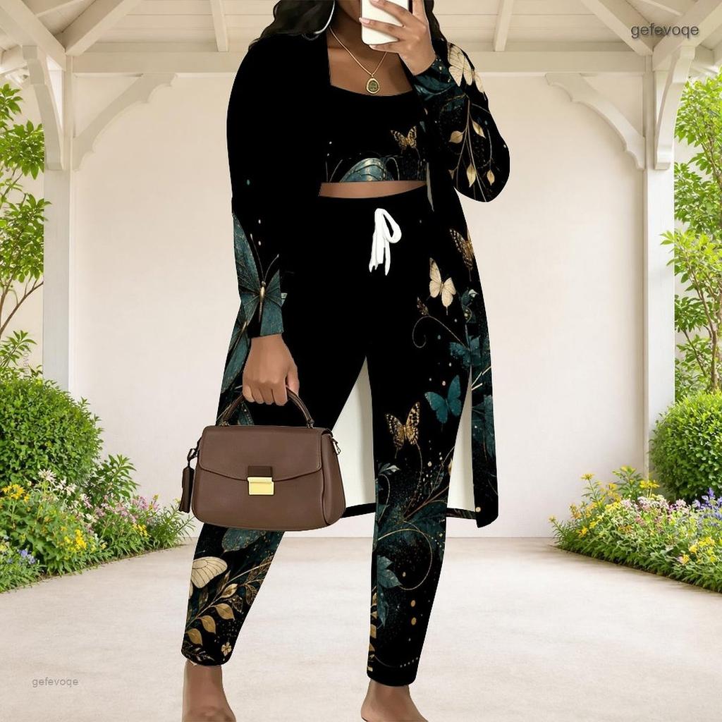Women Plus Size Purple Butterfly Printed Long Sleeve Open Front Cardigan Crop Top Long Pants Three Piece Set