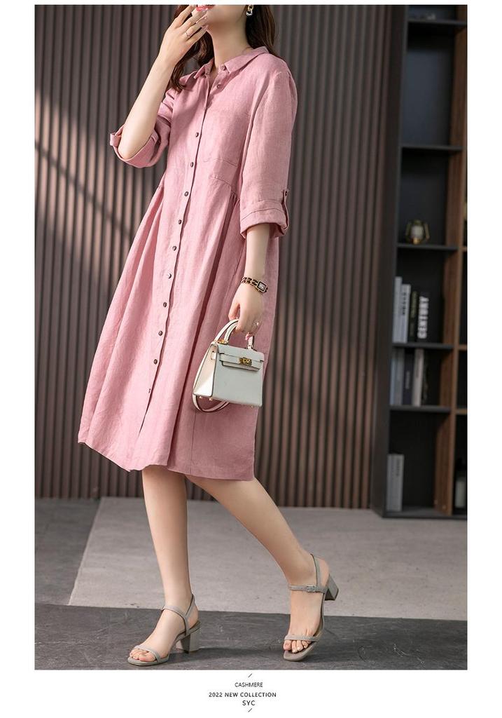2025 Spring/Autumn Artistic Casual Loose Plus Size Women's Linen Slimming Shirt Dress