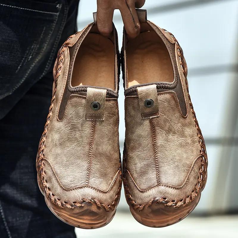 Handmade Big Size Men Casual Shoes Comfortable Non Slip Soft Soled Slip On Flat Loafers Moccasins for Daily Walking Driving Outdoor Wear