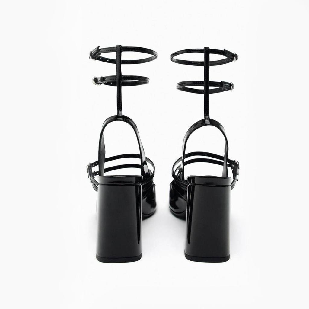 2025 spring new product black ankle strap patent leather thick heel bag head sandals square head single shoes women's Mary Jane high heels