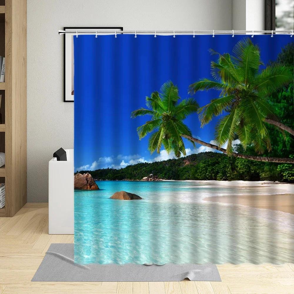Summer Seaside Shower Curtain Sea Beach Shell Bathroom Decor Palm Tree Ocean Scenery Curtains With Hook Waterproof Wall Covering
