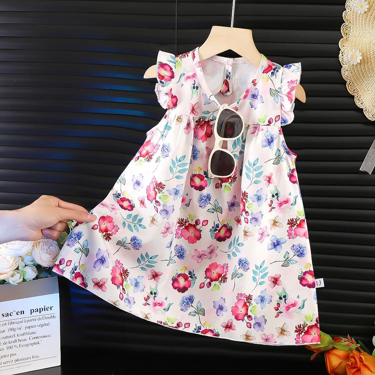 

Летняя одежда для девочек 2025 новый стиль платье-жилет, шифоновое платье с цветочным принтом для девочек, детское платье 120cm бежевый