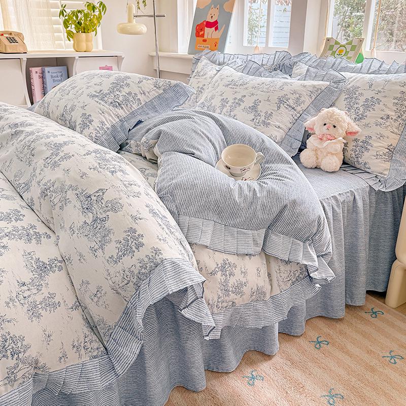 Fairy-Style Cotton Ruffled Bed Skirt & Pastoral Duvet Cover Set