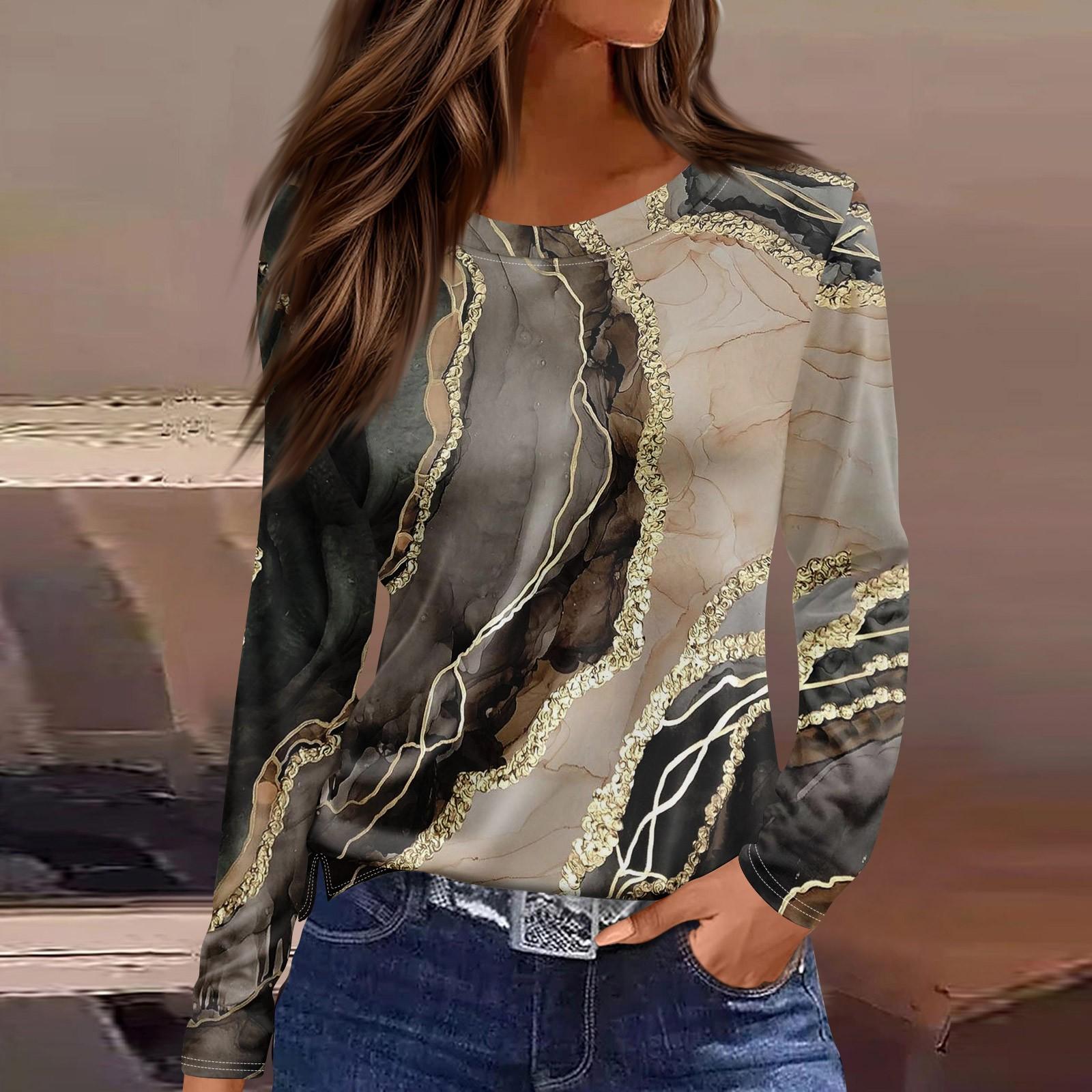 

Женская модная повседневная свободная футболка с разрезом и круглым вырезом с длинным рукавом с принтом, женский топ M хаки