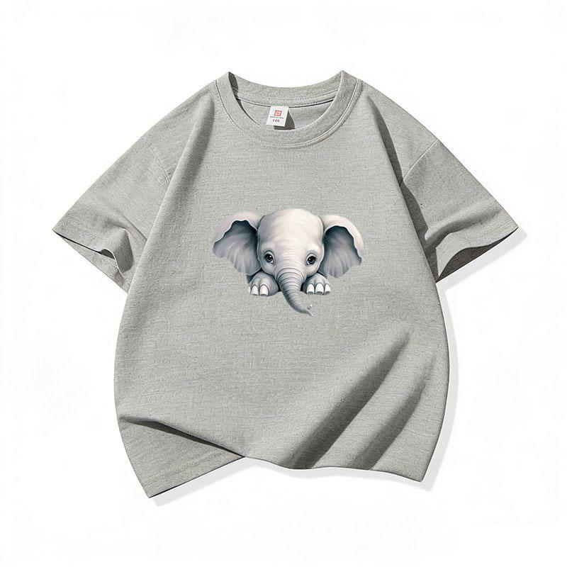 Kids Cotton T Shirt Cute Peeking Little Elephant Print Crew Neck Short Sleeve Tee Casual Breathable Boys Girls Summer Tops