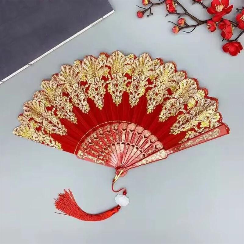 Folding retro pattern hand fan, single flower folding fan, Chinese dance fan, role-playing party decoration, women's handheld