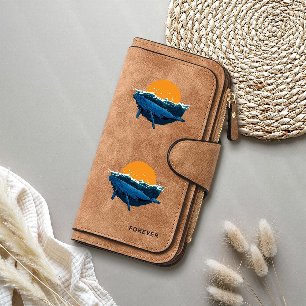 Whale Print Long Wallet for Women Leather Forever Card Holder Fashion Portable Purse