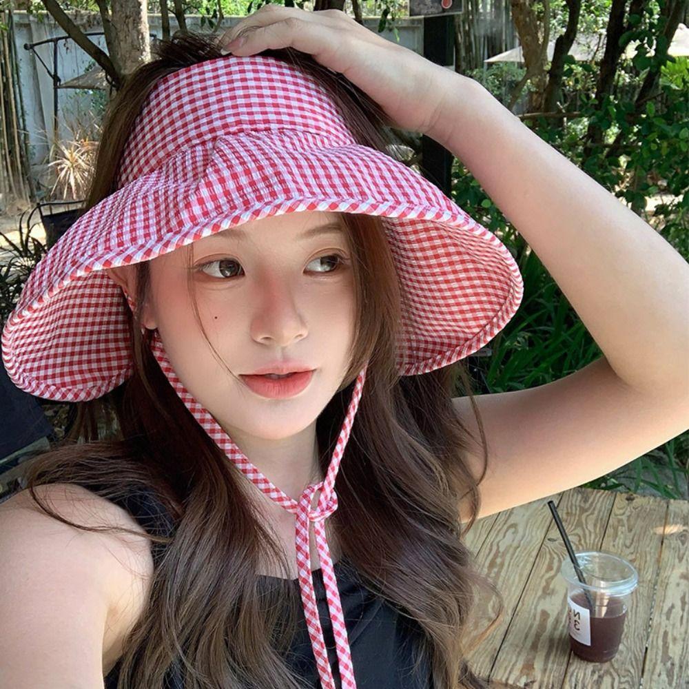 Foldable Sun Protection Hats Plaid Print Wide Brim Sunhat Fashion Summer Fisherman Cap  Fishing